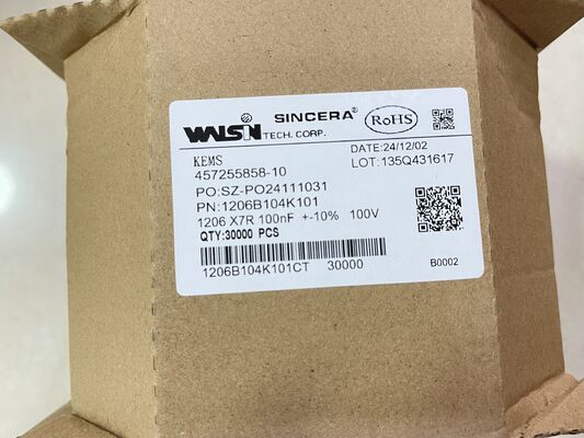 1206B104K101CT   MLCC 1206 корпус X7R диэлектрик 0.1μF ± 10% 100V номинально низкий ESR широкий диапазон от -55°C до +125°C идеально подходит для разъединения и фильтрации мощности