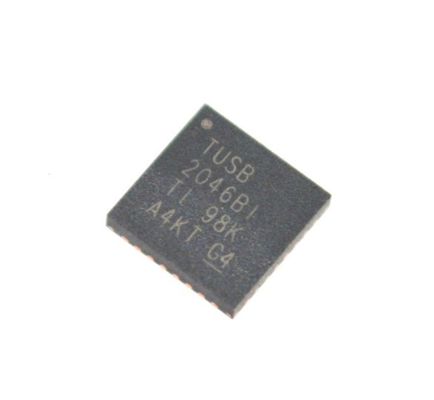 TUSB2046BIRHBR 4-портовый USB 2.0 Hub контроллер с поддержкой 12 Мбит/с / 1,5 Мбит/с, встроенные приемопередатчики, работа при напряжении 3,3 В, низкий уровень электромагнитных помех, режим энергосбережения и промышленный температурный диапазон (-40°C до 85°C)