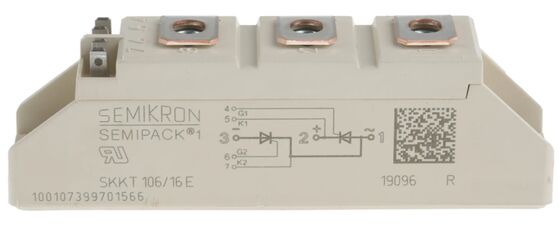 SKKT106/16E 1600V 106A Двухтиристорный модуль Низкое прямое падение напряжения 1.35В Импульсный ток 2.4кА Керамическое основание AlN Контактное давление SEMIPACK1 Изолированный Сертификат UL для устройств плавного пуска и приводов