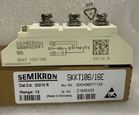 SKKT106/16E 1600V 106A Двухтиристорный модуль Низкое прямое падение напряжения 1.35В Импульсный ток 2.4кА Керамическое основание AlN Контактное давление SEMIPACK1 Изолированный Сертификат UL для устройств плавного пуска и приводов